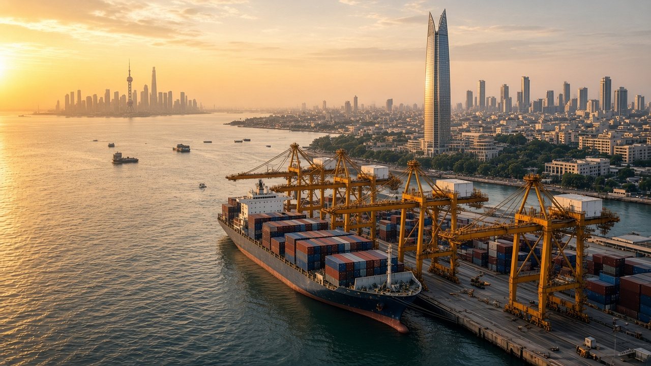 Container ship at Karachi port with the Bahria Icon Tower behind and the Shanghai skyline on the horizon, illustrating shipping from China to Pakistan
